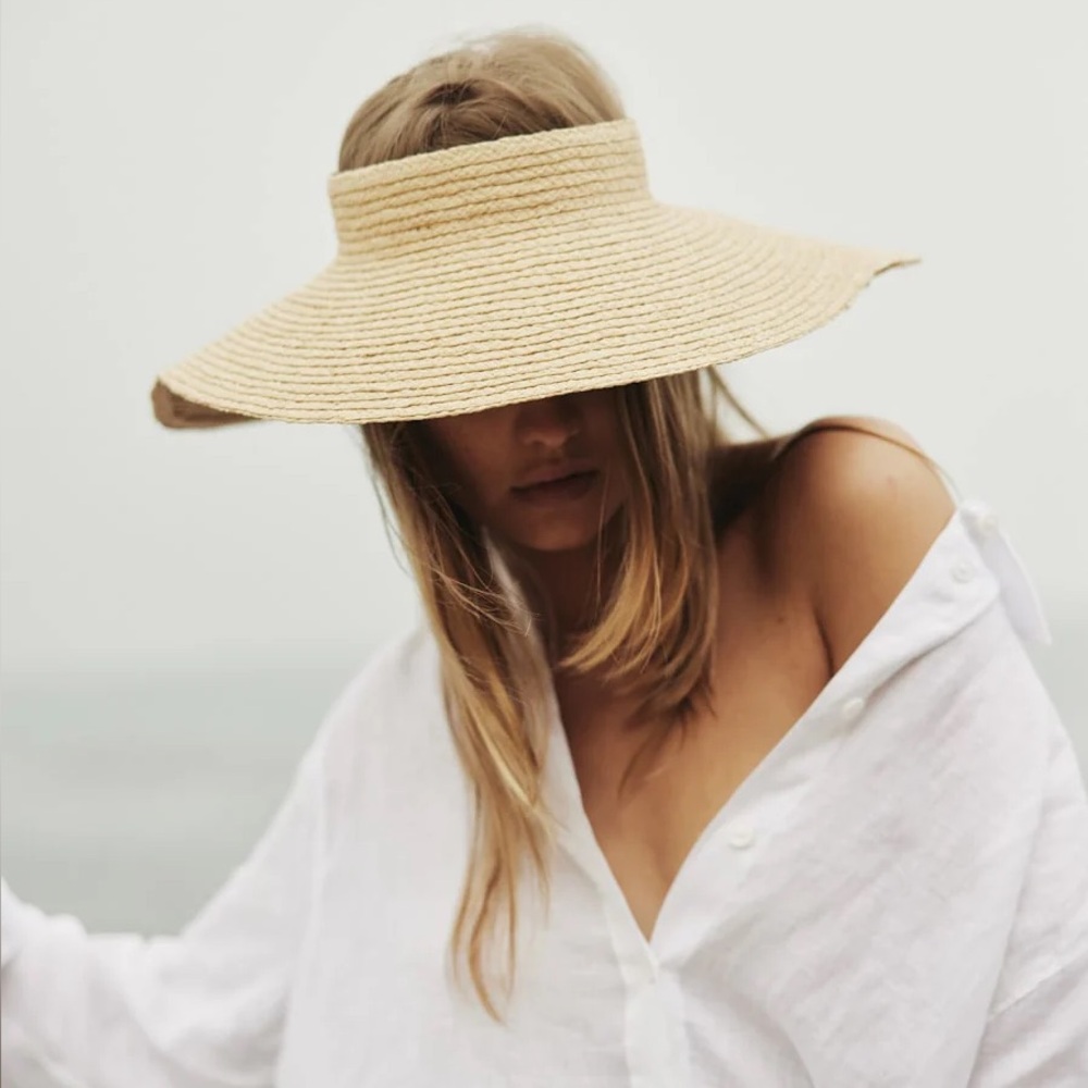 JANESSA LEONE NWT Lesley Wide Brim Raffia Straw Hat Visor M